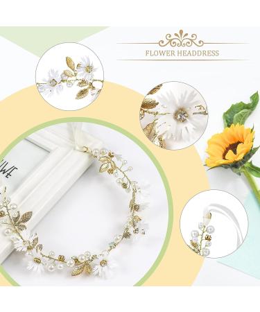 Daisy Flower Wedding Headband with Gold Leaf, Rhinestone, and Pearl Accents - Bridal Tiara for Festivals and Parties - Buy Online on GoSupps.com