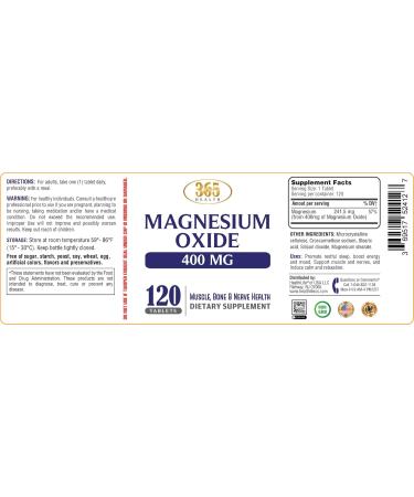 Magnesium 400mg High Potency Supplement Magnesium Oxide for Immune Support, Muscle Recovery, Leg Cramps and Relaxation 120 Tablets-USA Made 120 Count (Pack of 1) - Buy Online on GoSupps.com
