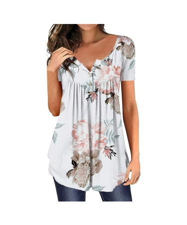 Cute Tops for Women Trendy, Womens Tops Hide Belly Tunic 2023 Summer Short Sleeve T Shirts Henley Tshirt Z230130a-white X-Large