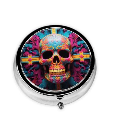 Skull Pattern Cross Portable Metal Pill Box Round Mini 3-Compartment Plastic Insert hinged Fastening Design Suitable for Small Pills Must-Have for Travel
