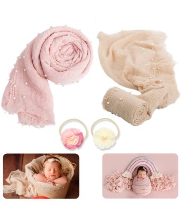 4 PCS Newborn Photography Props Wrap Knit Handmade Pearl Decor Wrap Blanket Swaddle Baby Photo Props Baby Photoshoot Props Prop 2PCS Newborn Photography Wraps + 2PCS Headband(Snow Powder/Beige) 01 Snow Powder/Beige