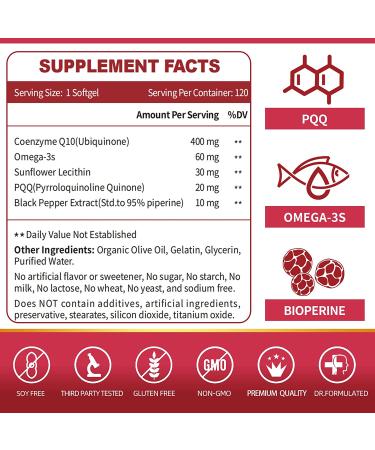 High-Absorption CoQ10 400mg Softgels with PQQ, BioPerine & Omega-3 - Powerful Antioxidant Supplement for Heart Health & Energy - 120 Servings - Buy Online on GoSupps.com