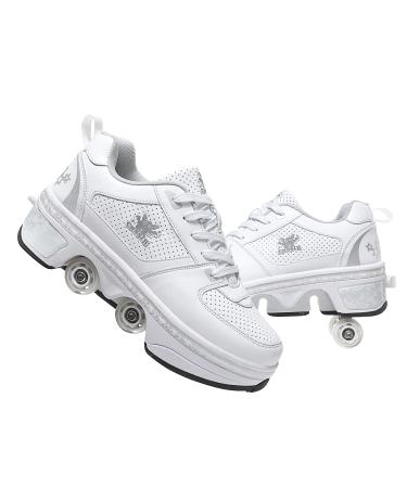 FTYUNWE Roller Skates for Women Outdoor,Parkour Shoes with Wheels for Girls/Boys,Kick Rollers Shoes Retractable Adults/Kids,Quad Roller Skates Men,Unisex Skating Shoes Recreation Sneakers Silver 5.5US/36EU