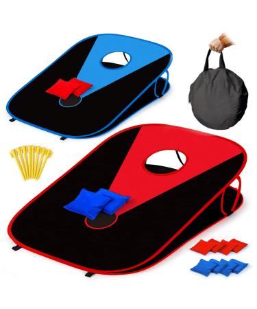 Portable Cornhole Set Outdoor Game - Collapsible Cornhole Boards Corn Hole Set with 8 Cornhole Bean Bags and Carrying Case for Yard Games Outside Indoor Fun Activities for Kids Adults Family Blue & Red