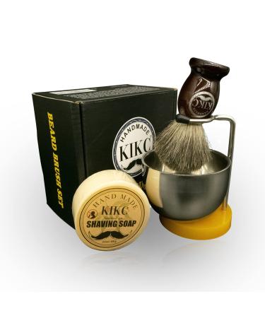 KIKC 4 In 1 Shaving Brush Set - 100% Pure Badger Hair Wooden Handle Shaving Brush Set with Shaving Cream, Bowl and Stand, Mustache Cleaning Tool for Safety Razor brown wood set