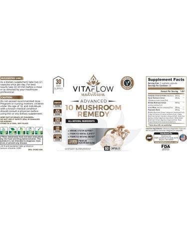 VITAFLOW 10 Mushroom Remedy- 60 Capsules with Lion's Mane, Reishi, Shiitake - Brain Boosting Immune Support - Buy Online on GoSupps.com