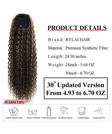30-Inch Thick Curly Drawstring Ponytail Extensions - Chocolate Brown & Honey Blonde Highlights - Buy Online on GoSupps.com