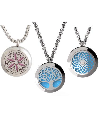 Wild Essentials 3 Necklace Set Tree Of Life Flower of Life Sun Essential Oil Diffuser Necklace Stainless Steel Locket Pendants 24 Inch Chains 36 Refill Pads Color Changing Perfume Locket Aroma
