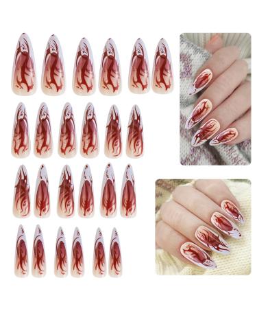 Halloween False Nails Halloween Long Pointed Tip Nail Press on Nails with Glue Stickers Red Flame Blooming Ballerina Acrylic Fake Nails Halloween Cosplay False Nails for Women Girls Y9HBCJJP