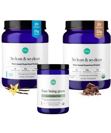 Ora Organic Vegan Protein Powder Chocolate Vanila & Greens Powder Bundle: 22g Plant Based Chocolate 20 Servings + 21g Plant Based Vanilla 20 Servings + Organic Super Greens Drink 30 Servings
