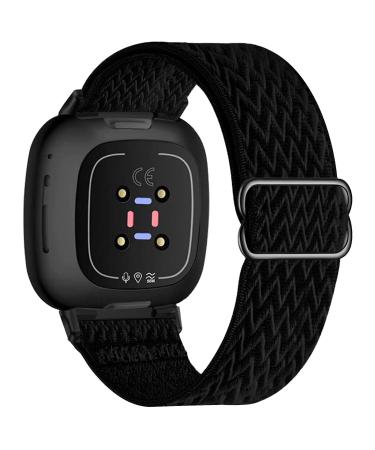 UHKZ Stretchy Nylon Bands Compatible with Fitbit Versa 3/Fitbit Sense for Women Men,Adjustable Breathable Fabric Sport Elastic Wristband for Fitbit Versa Smart Watch,Black