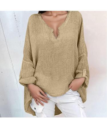 Women's Summer Cotton Linen Loose Fit Blouse Dandelion Tops Ladies Retro T-Shirts Casual Holiday Vacation Long Sleeve Tunic Top V-Neck Plus Size Tee Tops 2066-qppoj-a-khaki 5XL - Buy Online on GoSupps.com