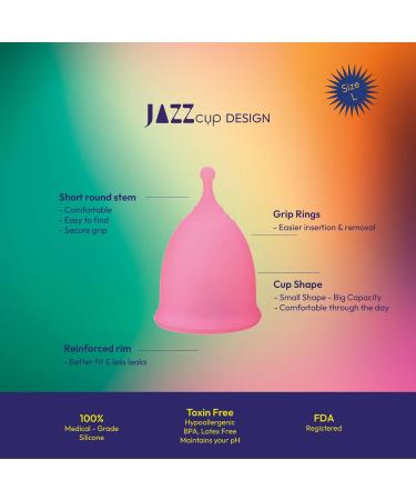 JAZZ Cup Soft Menstrual Cup - Reusable 12-Hour Protection Medical-Grade Silicone with Travel Pouch - Eco-Friendly Alternative to Tampons & Pads (Large - Buy Online on GoSupps.com