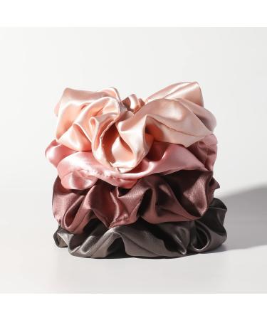 Artilady Large Satin Scrunchies for Women - 4 Pack Silk Scrunchies for Hair Sleep Soft Scrunchy Hair Ties Wrist Hair Accessories Women Girls Birthday Gift (Pink Rose Gold Brown Taupe) Mix Pink Large Size( 4 pack)