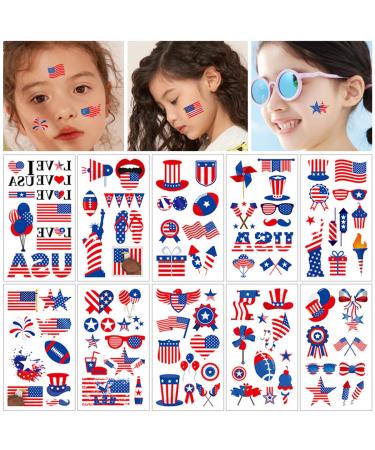 Independence Day Waterproof Temporary Tattoo Red White Blue for Party Memorial 4th of July USA Temporary Tattoos for Kids & women (10 Sheets/Set) American Flag Eagles Hat Balloons Fake Tattoos