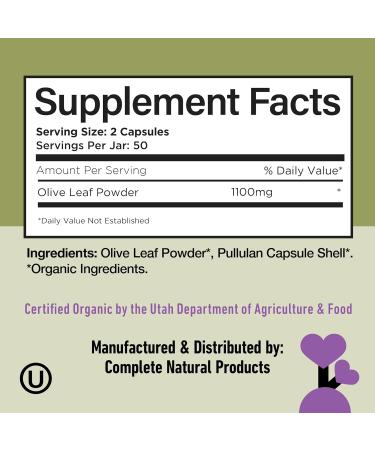 Complete Natural Products Organic Olive Leaf Capsules - 550mg, 100 Count, 1100mg per Serving 100 Count (Pack of 1) - Buy Online on GoSupps.com
