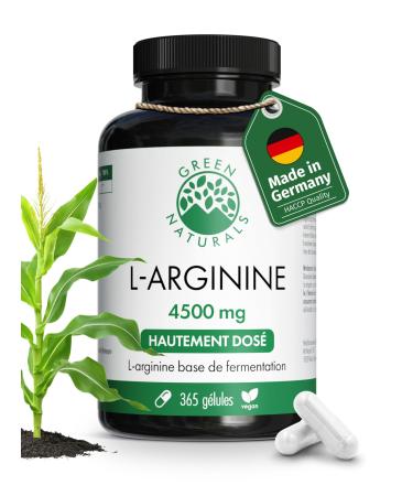 Green Naturals L-Arginine Hautement dos e 4 500 mg par dose journali re L-arginine base pure issue de fermentation naturelle 100% v g talienne & sans additifs 365 g lules (60 jours)
