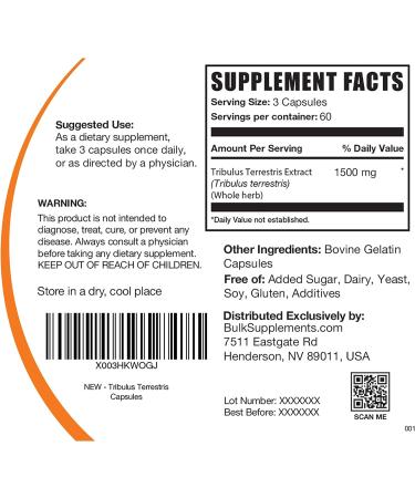 Premium Tribulus Terrestris Capsules - 1500mg Extract, 180 Count - for Men & Women - BULKSUPPLEMENTS.COM - Buy Online on GoSupps.com