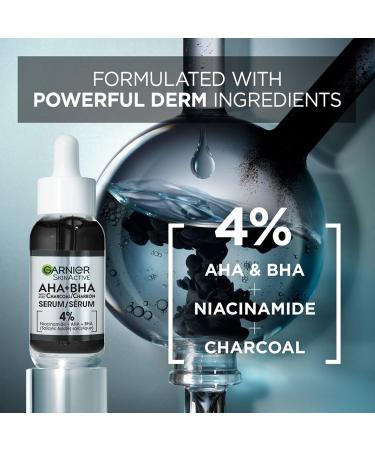 Garnier Charcoal Serum Pore-Purifying Mattified Looking Skin With 4% AHA + Salicylic Acid + Niacinamide Anti-Blemish Suitable for Sensitive or Acne Prone Skin Vegan Formula SkinActive 30ml - Buy Online on GoSupps.com
