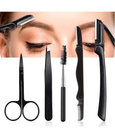 5pcs Stainless Steel Eyebrow Grooming Kit with Tweezers - Eyebrow Razors, Trimmer, Brush, Scissors, Slant Tweezers - Men and Women Beauty Tool - Buy Online on GoSupps.com