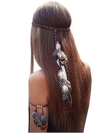 Set of 2 Gypsy Hippie Feather Headband Headdress and Armband Bohemian Headwear Headpiece Handmade Tribal Indian Fascinator Feather Hairband Hair Accessories for Women Lady (A)