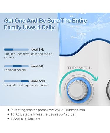 TUREWELL FC162 Water Dental Flosser - 10 Pressure Levels, 8 Tips, 600ML Irrigator for Teeth & Braces Care - Buy Online on GoSupps.com