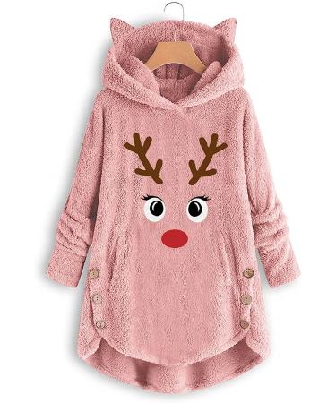 Womens Christmas Hoodie: Cute Printed Pocket Pullover Coat in Medium Pink - Buy Online on GoSupps.com