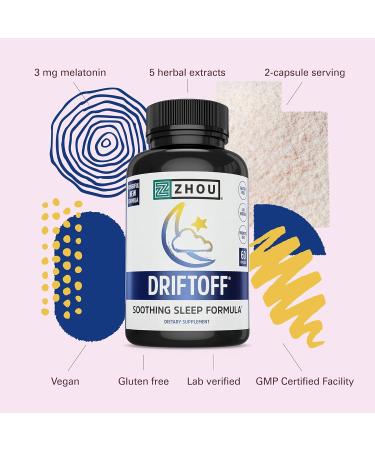 Zhou Driftoff - Nature Inspired Sleep Aid Valerian Root & Melatonin for Sleep for Men & Women Calm Sleeping Supplement for Adults with Gaba & Chamomile to Relax - 60 Veggie Capsules 60 Count (Pack of 1) - Buy Online on GoSupps.com