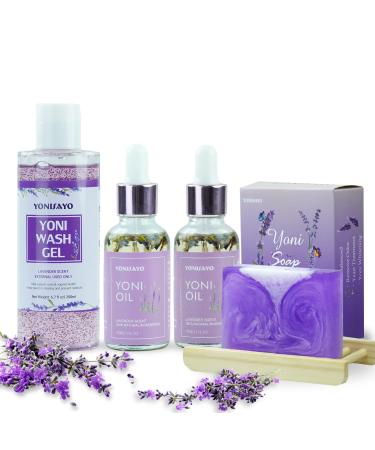 Yoni Wash & Yoni Soap for Women & Yoni Essential Oil Set 5.29oz Yoni Soap Bar 2 * 30ml Feminine Oil 6.7 fl.oz Feminine Wash pH Balance Moisturizing Remove Odor and Vaginial Deodorants Lavender