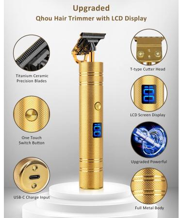 Qhou T-Blade Hair Trimmer for Men - Cordless, Zero Gapped, Rechargeable Beard Shaver with LED Display - Gold - Buy Online on GoSupps.com