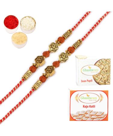 Ghasitaram Gifts Rakhi for Brother Rakhis Online - Set of 2 - LD-5602 Om Rudraksh Rakhi with 200 GMS of Kaju katli and 200 GMS of Soan Papdi
