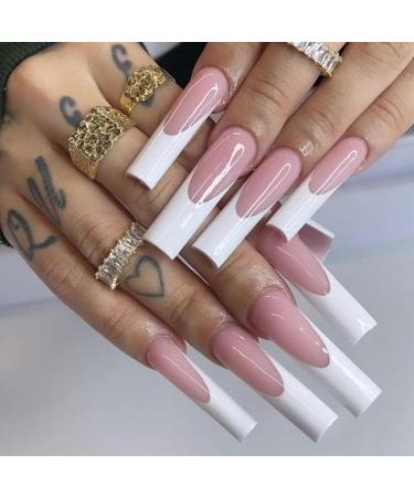 DMQ French False Nails Long 24Pcs Coffin Fake Nails White French Press on Nails Nude Pink French Nail Tips with Glue Full Cover Stick on Nails for Women Girls Nails Art French Extra Long - Buy Online on GoSupps.com