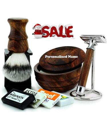 Personalized Wooden Razor Set for Men - Custom Engraved Shaving Razor & Brush Stand - Buy Online on GoSupps.com