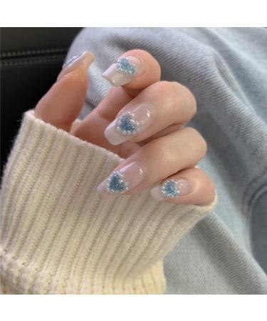 IMSOHOT Medium Square Press on Nails Glossy Fake Nails with Glue Glitter Rhinestones Squoval False Nails Blue Heart Acrylic Nails White Pearls
