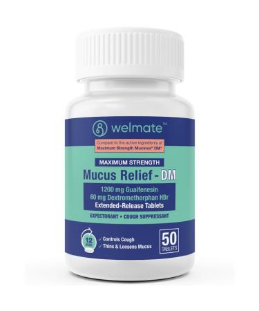 WELMATE Maximum Strength Mucus Relief DM - 1200mg Guaifenesin & 60mg DXM 12-Hr Cough Suppressant & Expectorant Bi-Layer Tablets Chest Congestion Relief Thins & Loosens Mucus - 50 Ct Mucus DM Relief - 1200 mg (50 ct)