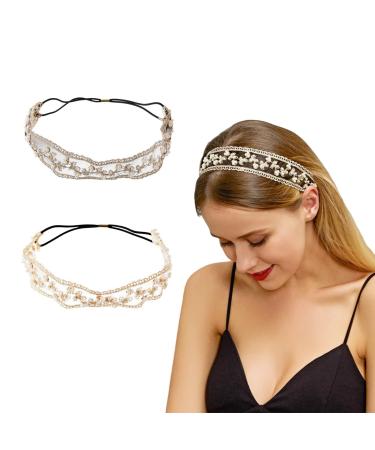 VUKWOO 2 PCS Lace Pearl Headband Jeweled Headbands for Women Stretch Wide Floral Lace Headwrap Turban Accessories Hair Scarf Fashion