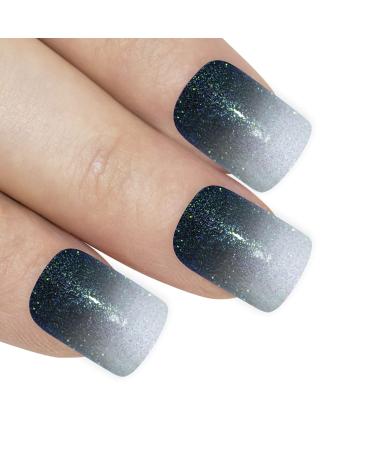 False Nails Bling Art Black Green Gel Ombre French Squoval 24 Fake Middle Tips