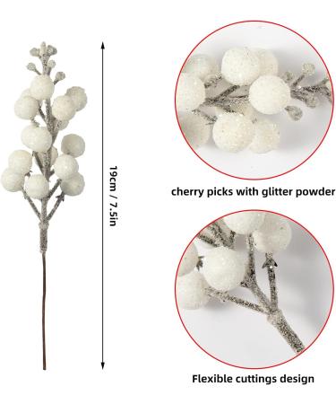 Crafare 24 Pack 7.5Inch Christmas Glitter Berries Stems - White | Artificial Christmas Picks for Tree Ornaments, Wreath Crafts, Holiday Decor - Buy Online on GoSupps.com