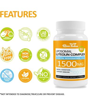 1500MG Liposomal Luteolin Supplement 8-in-1 Formula with Fisetin Pea Turmeric Potent Flavonoid Absorption-Optimized Actives for Brain 60 Capsules 60 Count (Pack of 1) - Buy Online on GoSupps.com