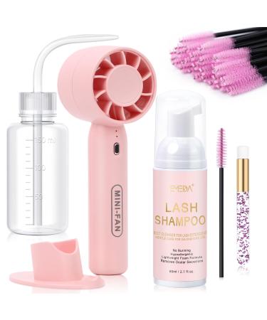 EMEDA Lash Shampoo Kit 2.02 fl oz Lash Cleaning Kit with Rechargeable Fan Dryer/Brush/Rinse Bottle Oil-free Cleanser Wash for Extensions & Clusters & Natural Lashes Cleaner for Eyelash Care 5-IN-1 SHAMPOO KIT-60ml