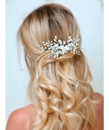 Barogirl Wedding White Flower Hair Comb Clip Crystal Bride Hair Piece Bridal Hair Accessories for Women 