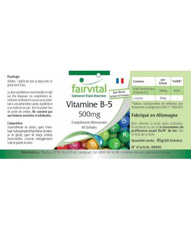 Fairvital Vitamin B5 500mg Vegan High Dosage 60 Capsules - Pantothenic Acid - Buy Online on GoSupps.com