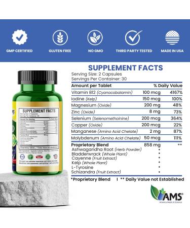 America Medic & Science Advanced Thyroid (60 Capsules) | Thyroid Support for Men and Women | Mood and Energy Booster Supplement | with Natural Ashwagandha Iodine Selenium and Vitamin B12 1 Count (Pack of 60) - Buy Online on GoSupps.com