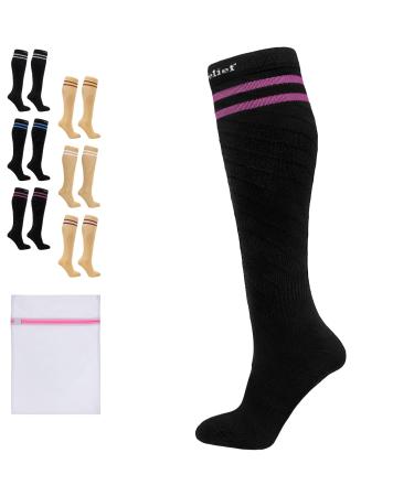 360 RELIEF - Flight Compression Socks Supports | Blood Circulation Travel Work S-M Black with 2 Pink Line