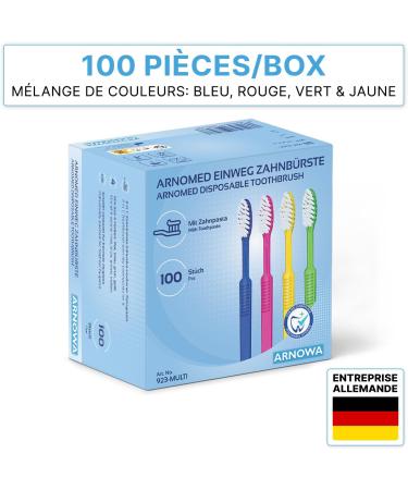 100x ARNOMED Disposable Toothbrushes with Toothpaste Individually Wrapped Toothbrushes Red Blue Green & Yellow - Buy Online on GoSupps.com