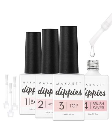 Makartt Dip Powder Liquid Set  15ml Dip Liquid Set with Base-Top Coat  Activator and Brush Saver  4pcs 0.5oz. Dippies Dipping Powder Essential Kit Dip Manicure No Nail Lamp Needed for Nail Salon Beginners Clear liquid
