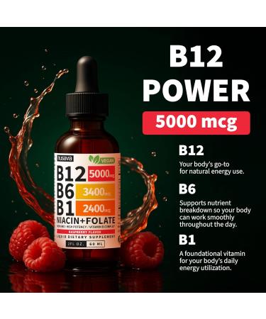 (2 Pack) Vitamin B12 and B6 Liquid Drops B12 Sublingual Vitamin B Complex - B 12 Vitamin 5000mcg - B12 Methylcobalamin for Energy Brain and Heart Support with 27 200 mcg Raspberry 80 Servings Raspberry Regular Strength  - Buy Online on GoSupps.com