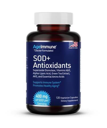 SOD Antioxidants Supplement for Healthy Aging - 400mg of Superoxide Dismutase - Alpha Lipoic Acid - Green Tea Extract - L-Arginine - Lysine - AKG - Vitamins A and E for Immune Support-120 Capsules 120 Count (Pack of 1)