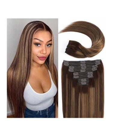 Hair Extensions Balayage Chocolate Brown and Caramel Blonde with Brown Roots 16"-24" Clip in Hair Extensions Human Hair Silky Straight Double Weft Lace Clip in Hair Hair Pieces(24inches) 24inches 120g/Set