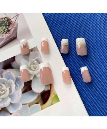 SINLOV Medium French Snowflake False Nails Nude Fake Nails Glossy Press on Nails Ballerina Acrylic Full Cover Fake Nails for Women and Girls - Buy Online on GoSupps.com